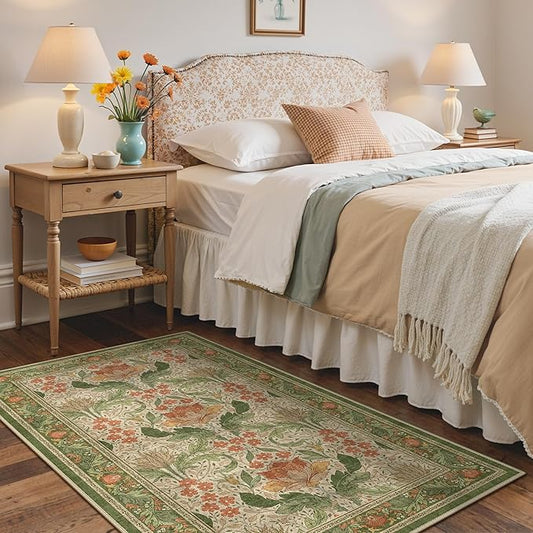 Bavni 4x6 Area Rugs, Floral Machine Washable Rugs for Living Room, Dinning Room, Bedroom, Non Slip Aesthetic Vintage Low Pile Durable Lightweight Farmhouse Rug, Sage Green & Burnt Orange