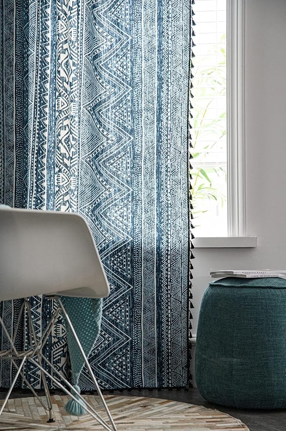 ColorBird Blue Boho Curtains Farmhouse MCM Western Striped Aztec Light Filtering 84 Inches Window Treatment Patterned Drapes for Bedroom Living Dining Room Kitchen Boho Chic Decor