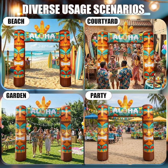 Jenaai 9.5 FT Giant Tiki Themed Inflatable, LED Blow up Tiki Arch for Party, Luau Hawaiian Tropical Beach Party Decorations for Summer Pool Yard Garden Favors Supplies