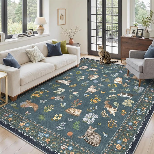 Soalmost Cat 5x7 Area Rugs for Living Room, Machine Washable Animal Floral Vintage Rug Non-Slip Low Pile Soft Throw Rugs for Kitchen Dining Room Bedroom Nursery Playroom (5 x 7,Navy Blue)