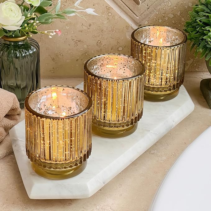 Gold Vintage Ribbed Glass Tealight Votive Candle Holders by Kate Aspen (Set of 6), Fall Decor, Boho Decor, Shelf Decoration | Perfect Hostess Gift or Home Decor (Pack of 6)