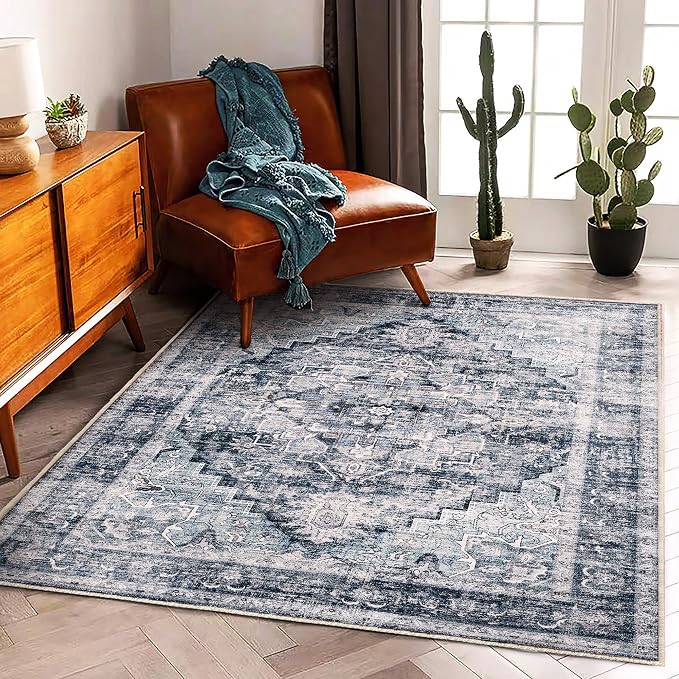 CHAMPLANT Area Rug 5'x7' Dark Blue Washable Vintage Traditional Floor Cover Thin Retro Kitchen Indoor Distressed Non Slip Carpet for Living Room Bedroom Dining Room
