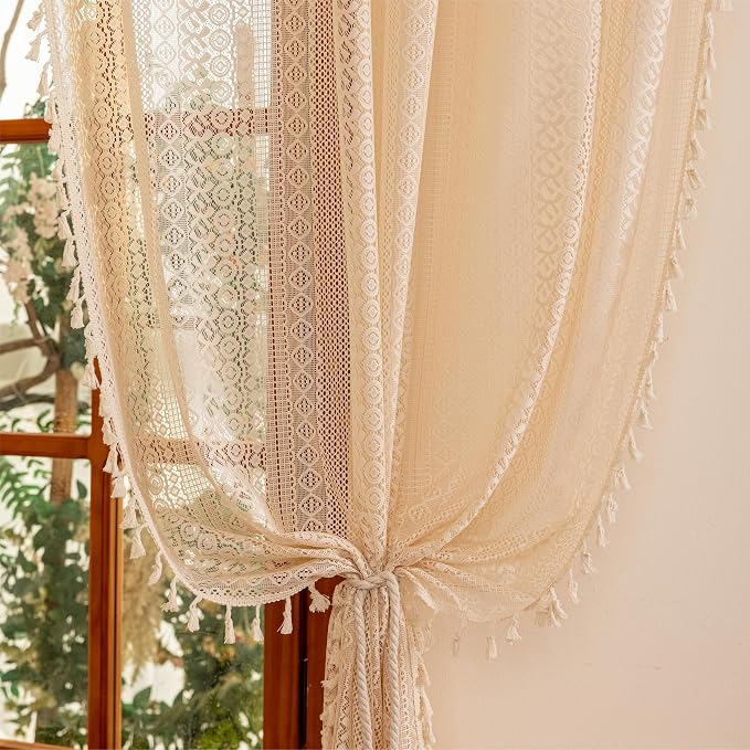 Sutuo Home Beige Lace Boho Curtains for Living Room Dining Room, Semi Sheer Curtains Farmhouse Privacy Crochet Vintage Tassels Retro Bohemian Style Rod Pocket Decor Window Drape, 2 Panels 50" x 102"