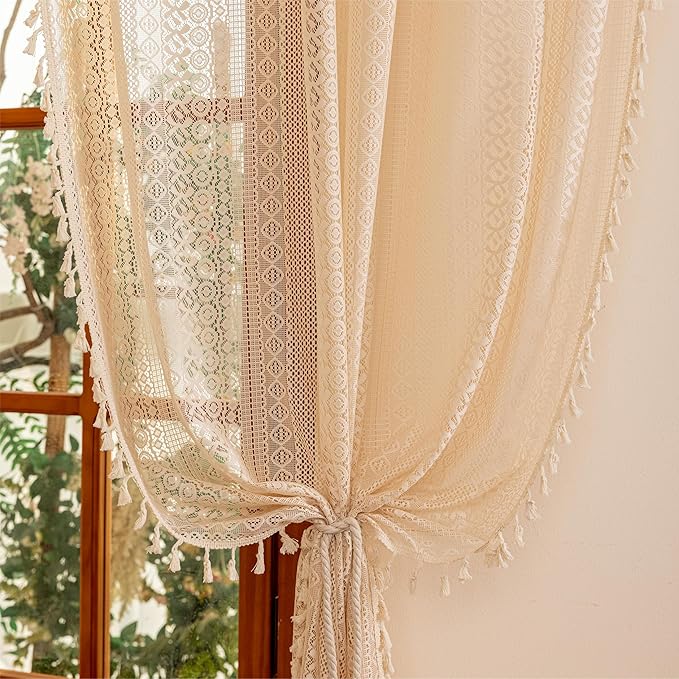 Sutuo Home Beige Boho Curtains 2 Panels for Living Room Dining Room, Semi Sheer Lace Curtains Privacy Vintage Chic Tassels Rustic Bohemian Style French Country Rod Pocket Cottagecore Decor, 50" x 90"