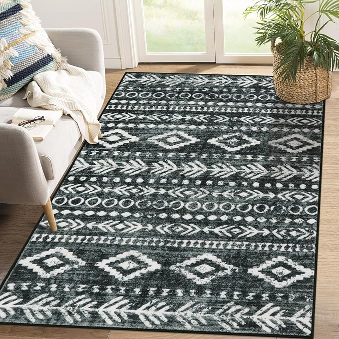 Lahome Boho Moroccan Kitchen Rugs, 4x6 Washable Black White Bedroom Area Rug Low-Pile Soft Office Rug, Non-Slip Tribal Print Pattern Large Entry Rug Indoor Carpet for Living Room Laundry