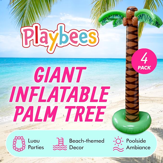 Playbees Giant Inflatable Palm Trees 6 Foot - 4 Pack - Beach Party Decorations for Summer Luau Themed Pool Party, Tropical Hawaiian Blow Up Palm Tree Favors - Poolside Ambiance, Easy Inflation
