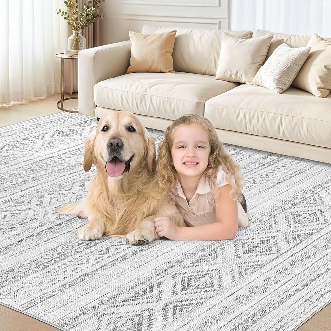 cotiled 6x9 Area Rugs Living Room Rug: Washable Boho Rugs with Non Slip Backing Large Soft Indoor Stain Resistant Carpet for Bedroom Farmhouse Dining Room Lightweight Home Decor Light Grey