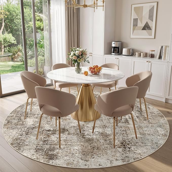 WITSHOCK Area Rugs 8ft Round Living Room Rug - Washable Neutral Soft Low Pile Non-Slip Modern Abstract Thin Large Indoor Carpet for Bedroom Dining Room Nursery Office - Dark Brown