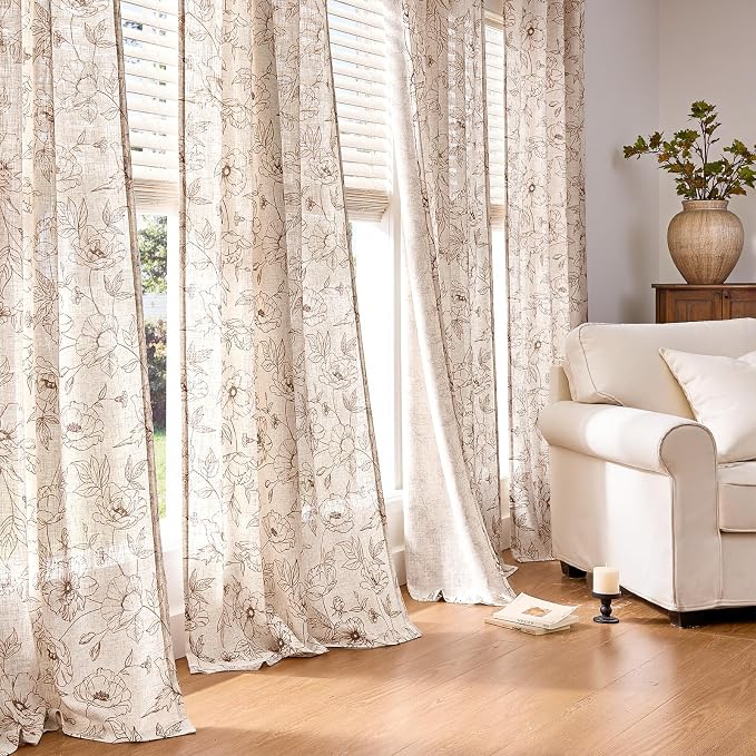 jinchan Floral Linen Curtains for Living Room 96 Inch Length Brown Flower Curtain Rod Pocket Back Tab Farmhouse Curtains with Printed Floral Bedroom Window Curtain Set, 2 Panels Brown
