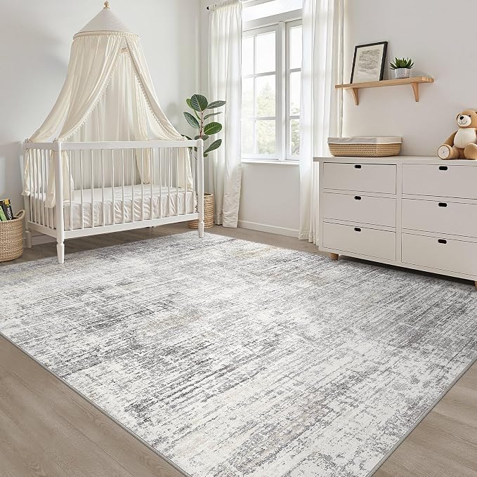 6x9 Area Rugs Living Room: Washable Large Neutral Rug Abstract Soft Modern Stain Resistant Indoor Floor Non-Slip Carpet for Bedroom Nursery Kids Office Playroom Dining Room Under Table- Gray Beige