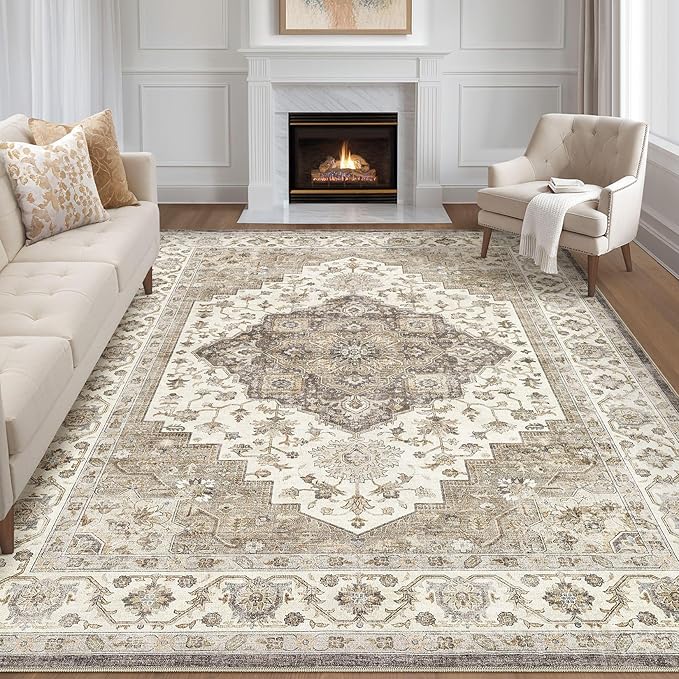 10x13 Area Rug Living Room: Washable Boho Large Neutral Vintage Soft Rug Stain Resistant Farmhouse Non-Slip Indoor Floor Carpet for Bedroom Nursery Kids Playroom Office Dining Room Home- Brown Beige