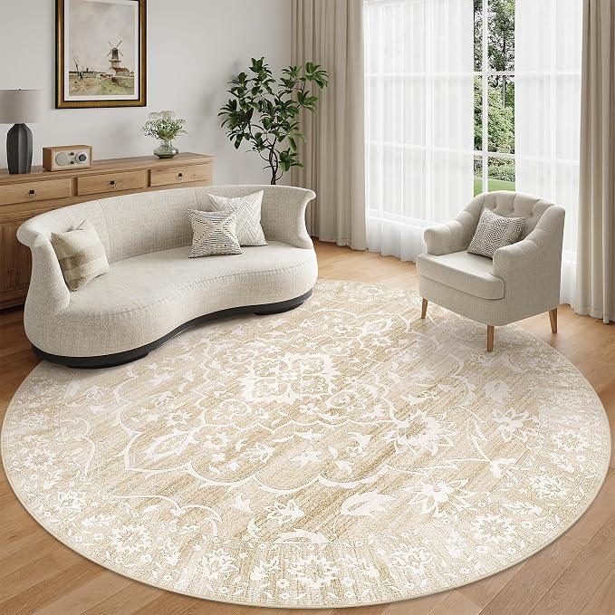 Soalmost Washable Round Rug 9ft for Living Room, Soft Circle Area Rug Beige | Vintage Floral Ultra-Thin Non-Slip Rugs, 9x9 Round Throw Carpet for Dining Room Nursery Bedroom Kitchen 9'Round