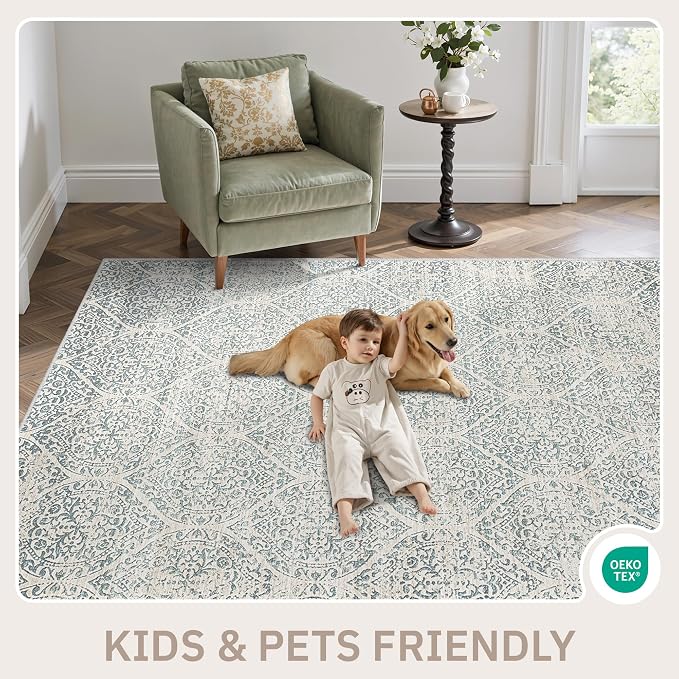 Soalmost Washable Area Rugs 4x6 for Living Room, Moroccan Trellis Soft Rug | Stain Resistant Low Pile Thin Carpet for Dining Room Bedroom Kitchen Home Office Nursery Teal Blue, 4'x6'