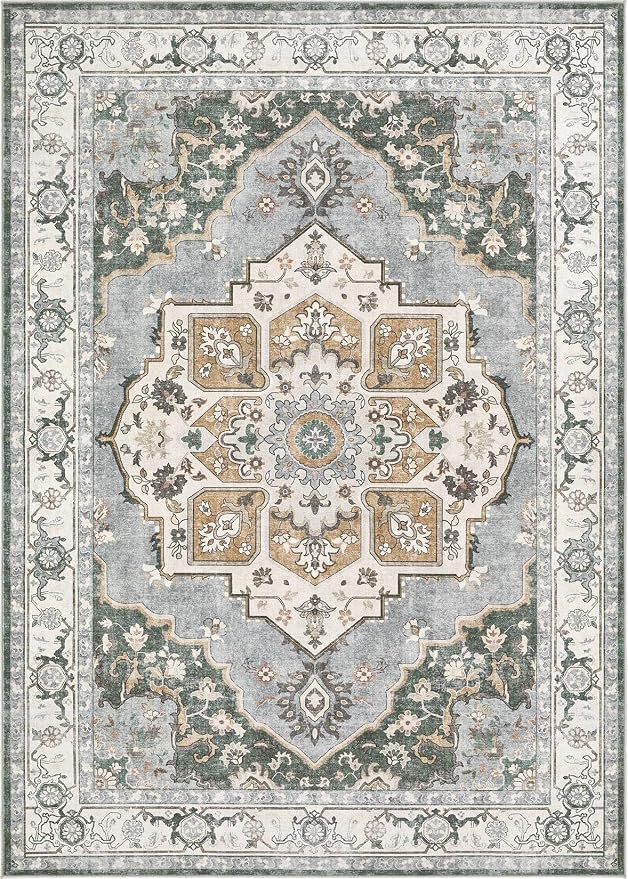 8x10 Washable Area Rug: Vintage Neutral Soft Non Slip Thin Large Floor Carpet for Living Room Bedroom Kitchen Dining Room Home Office Farmhouse Indoor - Green