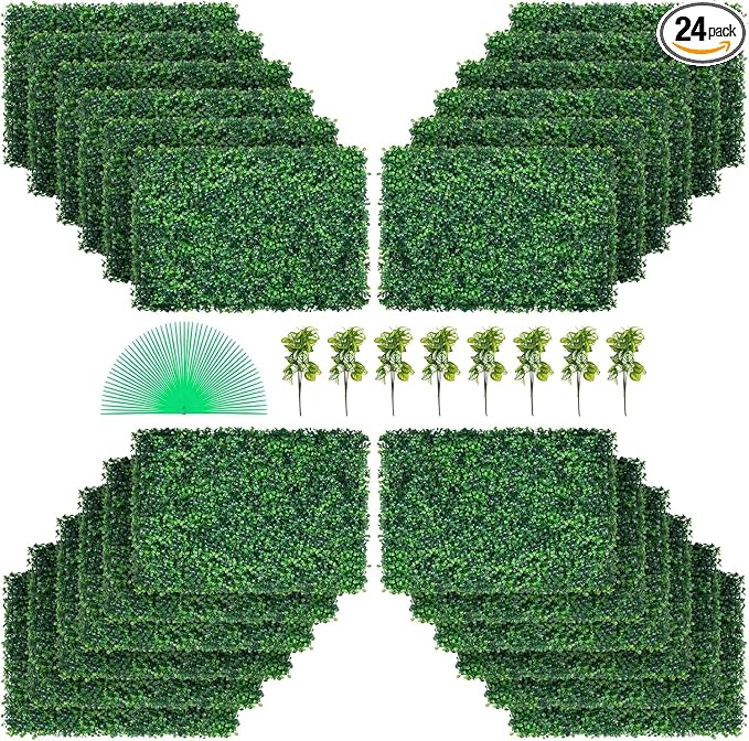 VEVOR 24PCS Artificial Boxwood Panels, 24 x 16 in 1.6 in Sun Protected Boxwood Hedge Wall Panel, Green Fake Grass Backdrop Wall for Privacy Fence Decor Indoor Outdoor Garden Backyard