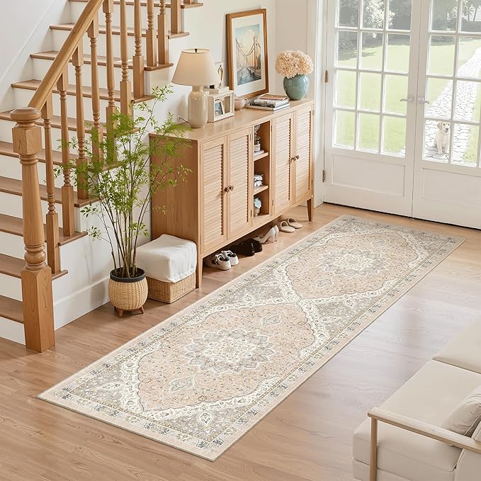 Madane Washable Runner Rug 2x6 Runners for Hallways Non Slip, Pink/Gray | Vintage Stain-Resistant 6 Feet Kitchen Rug, Soft Low-Pile Ultra-Thin Floor Carpet Mat for Bathroom Laundry Room Bedroom 2x6ft
