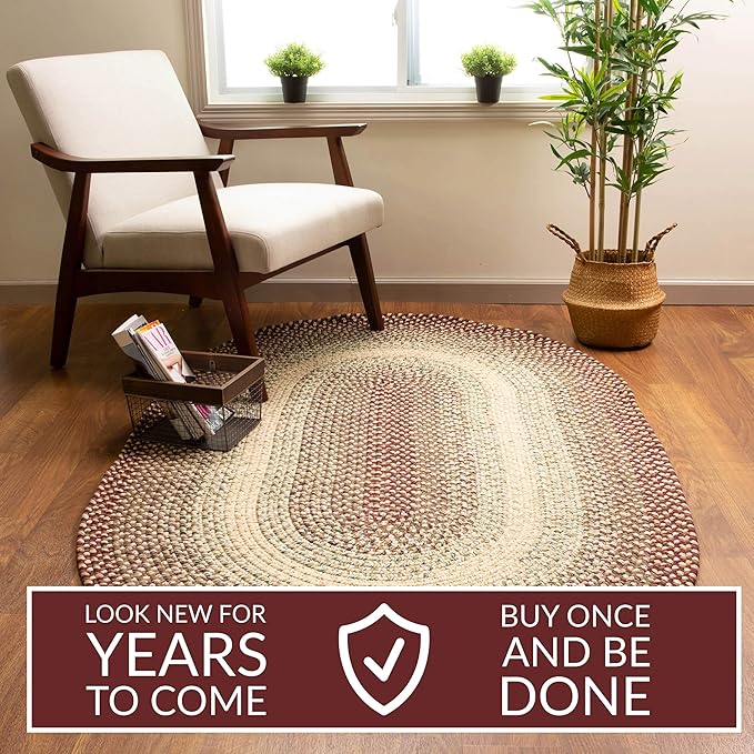 Super Area Rugs Braided Rugs 5X8 Farmhouse Kitchen Rug - Ridgewood Braided Rug for Living Room - Reversible - Indoor/Outdoor - Made in USA - Burgundy/Beige, 5' X 8' Oval