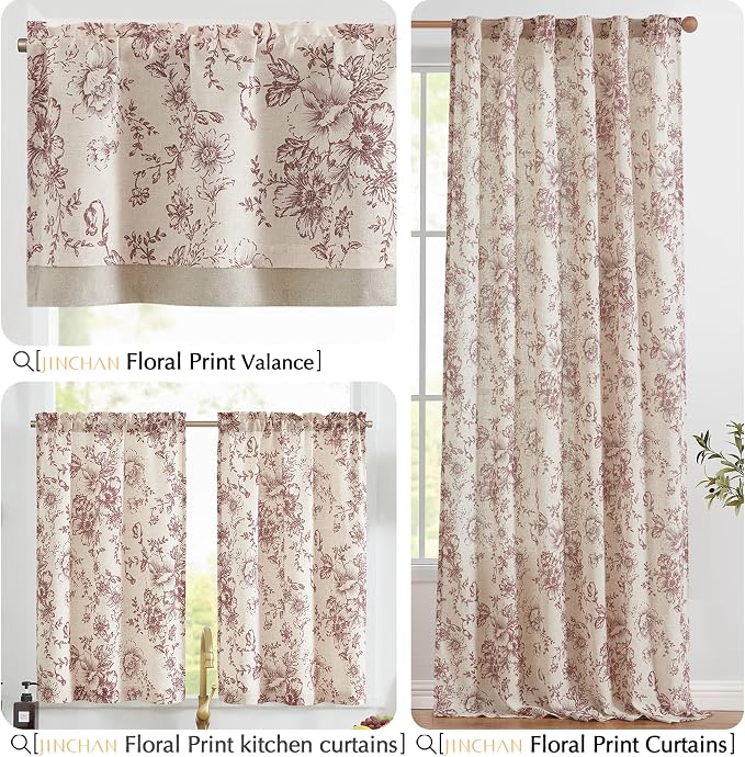 jinchan Floral Linen Tier Curtains Floral Brick Red on Beige Cafe Curtains 36 Inch Length Kitchen Living Room Bedroom Bathroom Farmhouse Rustic Country Rod Pocket 2 Panels