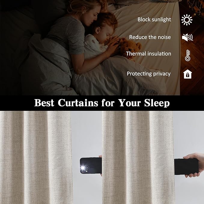 RAIN CITY Extra Wide Curtains 90 Inch Long 2 Panels,Total 140 in Wide Boho Noise Reduction Window Burlap Track System Curtain Panels for Country Villa Back Tab Pleat Tape with Hooks,Linen Beige 70x90