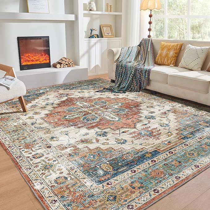 OPPODREAM Living Room Area Rugs, Faux Cashmere Low-Pile Carpet Rug with Non Slip Backing, Printed Decorative, Orange, 5' x 7'(Rectangular)