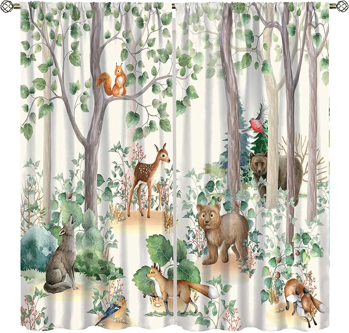 Forest Animal Kids Curtains, Wild Rustic Bear Fox Deer Children Cartoon Window Treatments for Living Room, Watercolor Blackout Drapes 2 Panel Sets,42x45 Inch