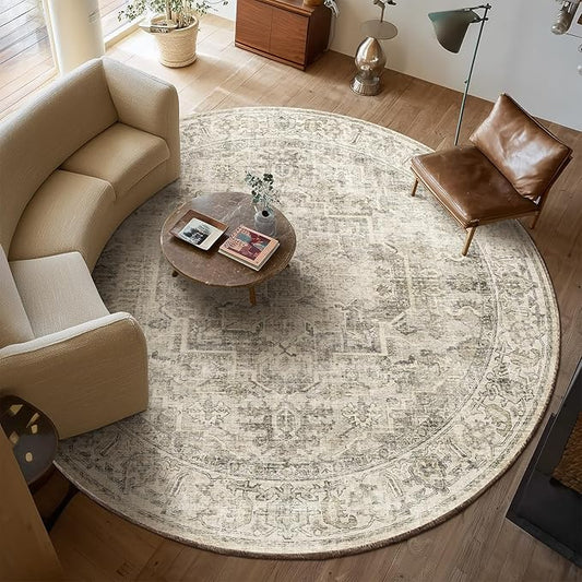 6ft Washable Round Rugs for Bedroom: Circle Living Room Rug Vintage Non Slip Low Pile Soft Faux Wool Non Shedding Boho Circular Rug for Entryway Kitchen Bathroom Office College Dorm Nursery Indoor