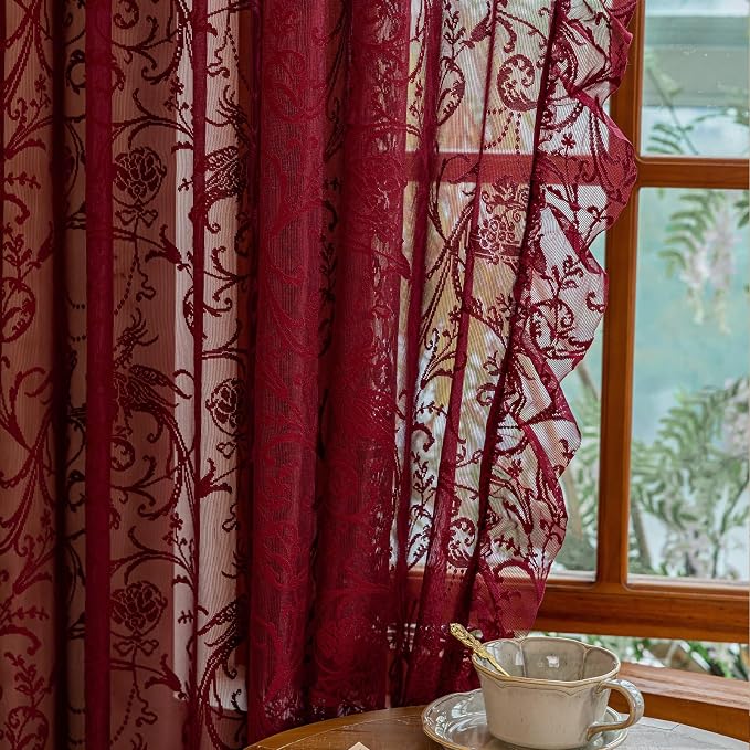 TUDECO Dark Red Curtains for Living Room 2 Panels - Rustic Country Sheer Floral Lace Red Curtains 108 Inches Long, Pretty Ruffle Edges Burgundy Decor Light Filtering Room Window Drapes, 59 x 108 Inch