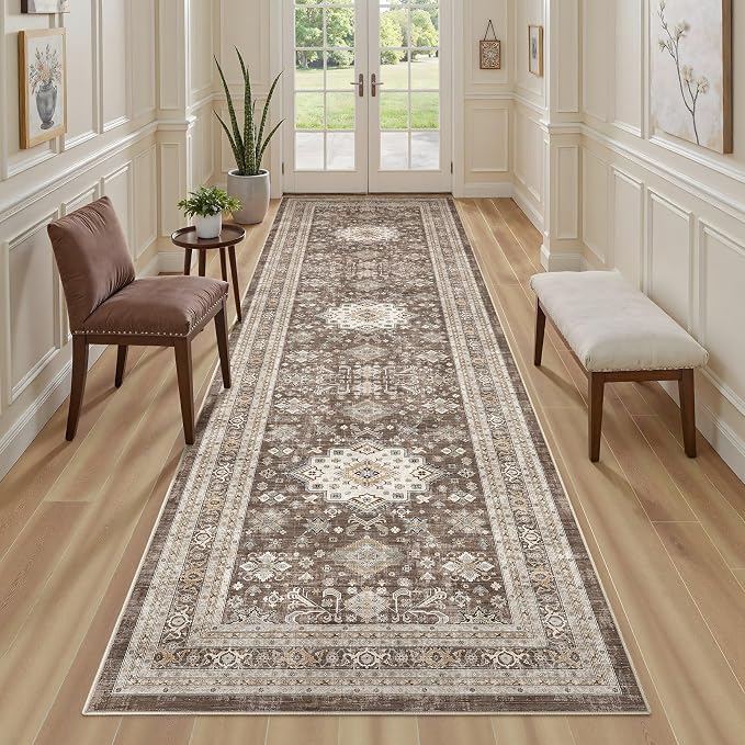 Vintage Hallway Runner Rug 3x10: Large Soft Washable Entryway for Kitchen Laundry Room Non-Slip Backing Runner for Entrance Living Room Bedroom Bathroom - Dark Brown