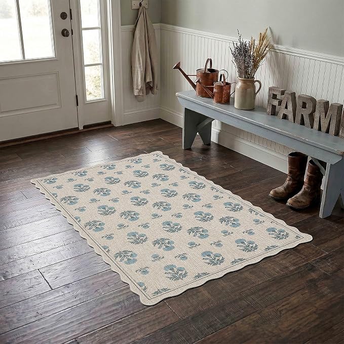 ORTIGIA Scalloped Easy Jute 3x5 Area Rug Vintage Blue Floral Farmhouse Washable Rug Non-Slip Indoor Outdoor Carpet for Living Room Bedroom Kitchen Patio Entryway