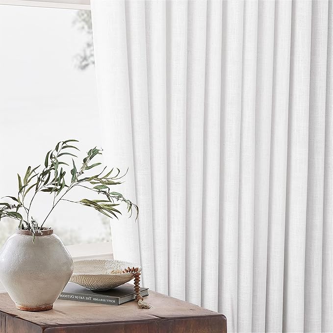 TWODRAPES Snow White Pinch Pleated Linen Curtains 1 Panel for Living Room Bedroom Memory Training Shaped Semi Sheer Pleat Drapes with Hooks Rings Light Filtering Window Curtain 60x108
