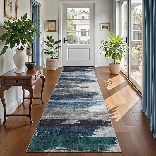 Ciicool 3x8 Washable Runner Rug, Modern Abstract Hallway Rugs Runner, Non-Slip Thin Accent Rug Lightweight Navy Grey Print Distressed Carpet for Kitchen Laundry Entryway Bedroom Indoor