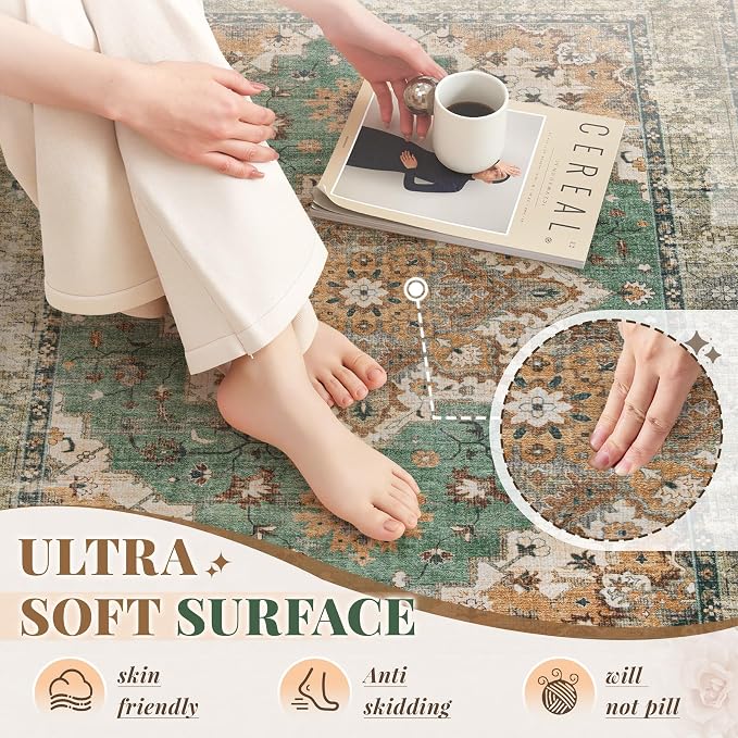 Area Rug 8x10 Vintage Rug: Large Washable Indoor Medallion Rugs Low Pile Distressed Floor Carpet Retro Accent Rug for Living Room Bedroom Kitchen Dining Table Home Office(Brown Green, 8'x10')
