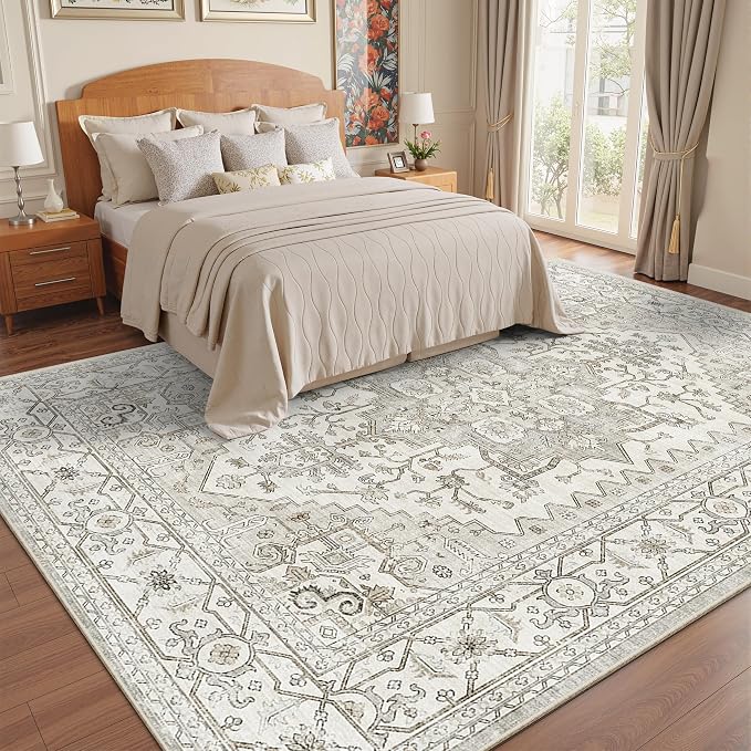 befbee 8x10 Area Rugs for Living Room, Stain Resistant Neutral Washable Rugs for Dining Room, Vintage Non-Slip Thin Large Size Beige Area Rug, Printed Vintage Home Decor Rug（Beige）