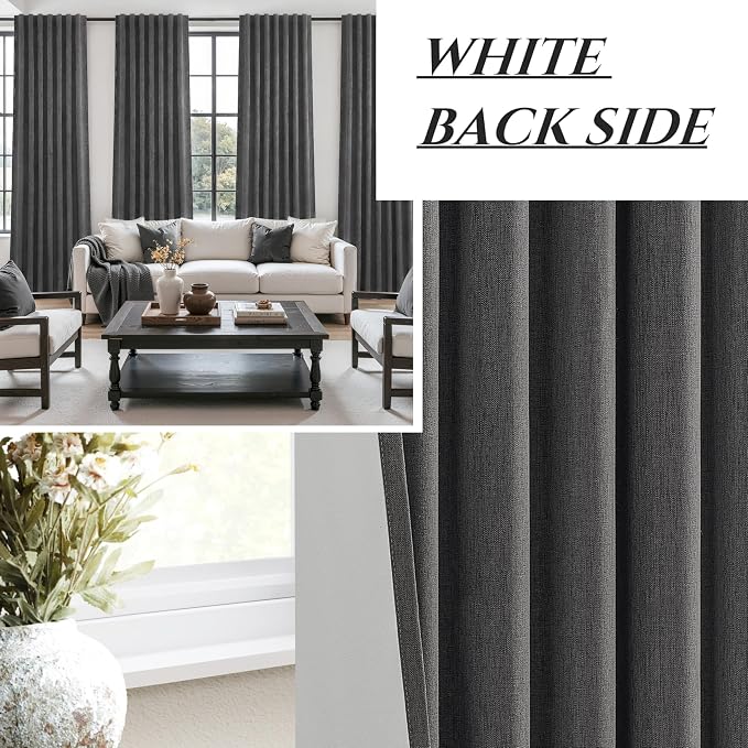 Dark Gray 108 Inch Extra Long Blackout Curtains for Bedroom 2 Panels Set, Boho Room Darkening Pleated Flax Linen Blend Window Curtain 108 Inches Long with Hooks for Patio Sliding Door(50"Wx108"L Grey)