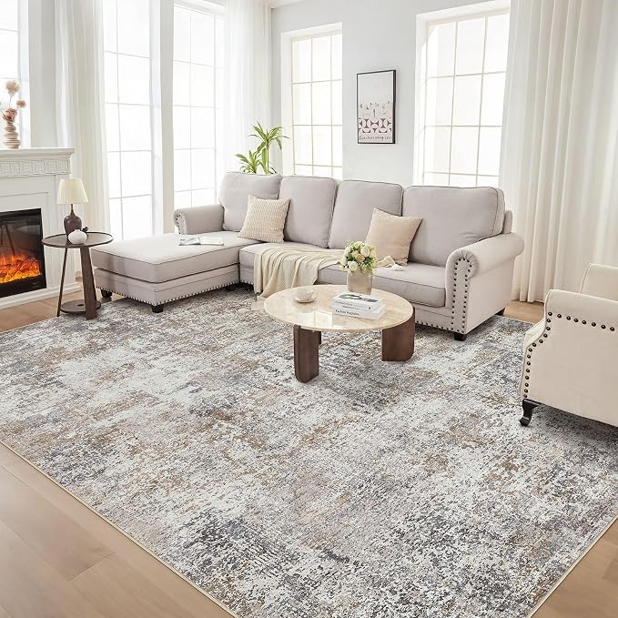 DMOYEST Area Rug Living Room Rugs - 9x12 Washable Large Soft Indoor Neutral Modern Abstract Low Pile Rug Carpet for Bedroom Dining Room Farmhouse Home Office - Brown/Grey/Black