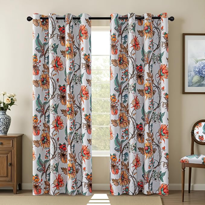 MYSKY HOME Floral 95% Blackout Curtains 90 Inch Long Bedroom Black Out Thermal Insulated Privacy Protect Curtain Flower Patterned Fancy Cottage Core Grommet Drapes, Pack-2, Greyish White