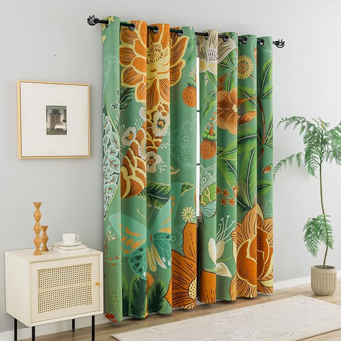 Tyrot Sage Green Boho Floral 100% Blackout Curtains for Bedroom 96 inch Long 2 Panels Butterfly Botanical Black Out Curtains for Living Room Grommet Thermal Insulated Room Darkening Drapes,52Wx96L
