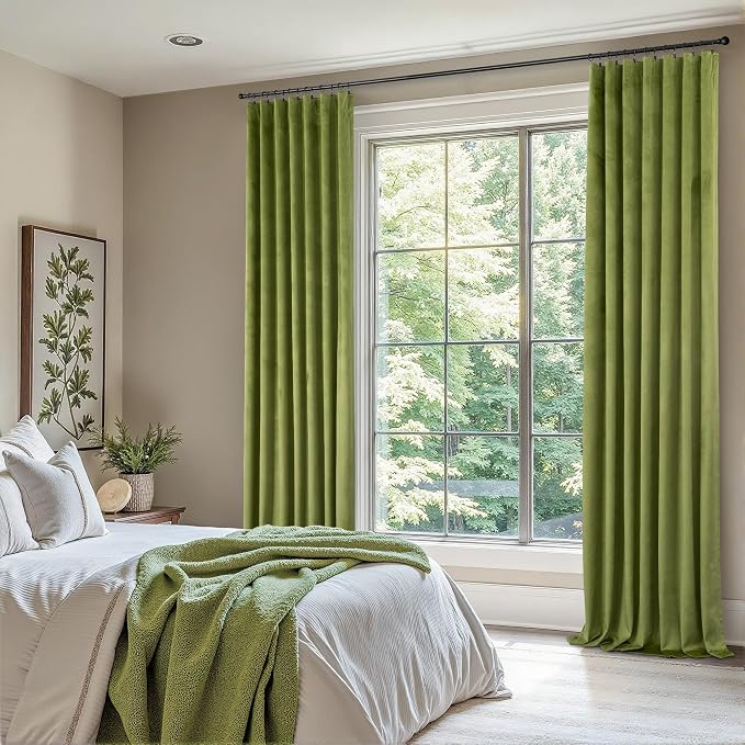Chartreuse Moss Green Velvet Curtains for Bedroom 96 Inches Long 2 Panels Maximalism Quirky Eclectic Vintage Bold Light Blocking Soundproof Thermal Drape for Living Room Mid Century Modern Psychedelic