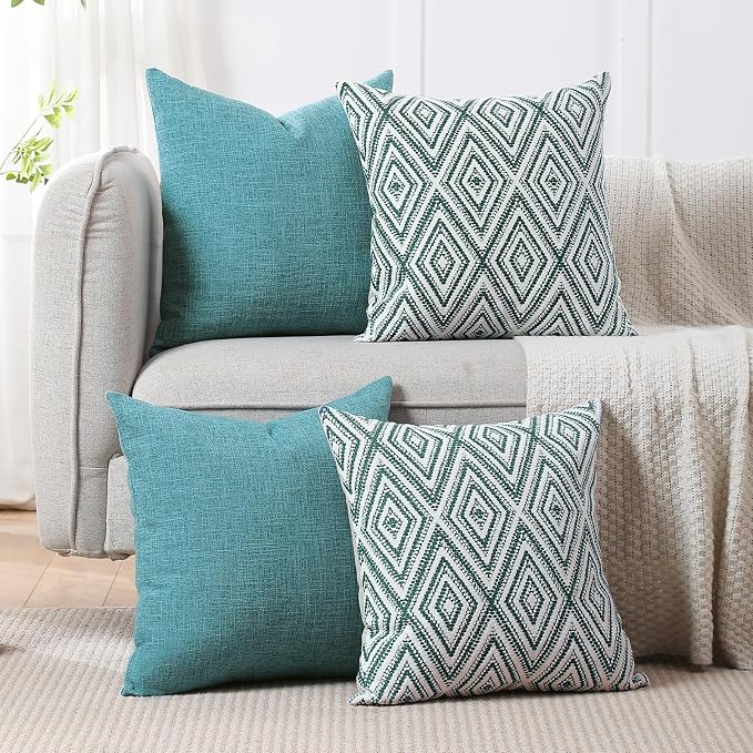 HPUK Throw Pillow Covers 20x20 Inch Set of 4, Linen Decorative Pillow Covers, Accent Cushion Covers for Couch Sofa Bed Bedroom Living Room Décor, Aqua Blue