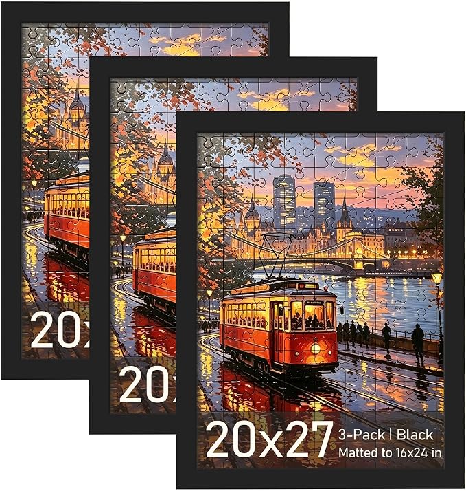 Picrit 20x27 Picture Frame 3 Pack, Black Puzzle Frame, Display Poster 16 x 24 with Mat or 20 x 27 without Mat for Horizontal or Vertical Wall Mounting