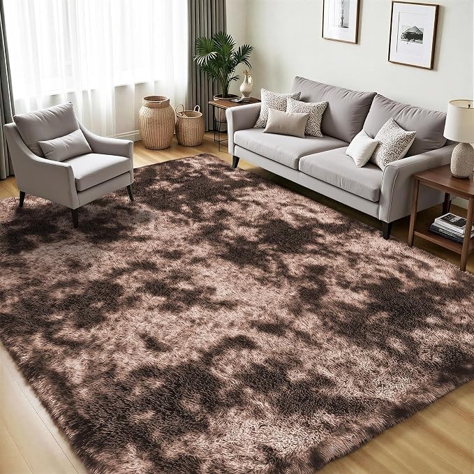Area Rug for Living Room Bedroom: 5x7 Soft Fluffy Shag Upgrade Non-Slip High Pile Carpet Large Fuzzy Plush Indoor Floor Decor Shaggy Coffe Tie-Dyed Rug for Kid Boys Girls Playroom Nursery Modern Home