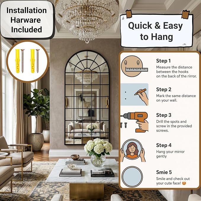 70x30Inch Large Arched Window Pane Mirror| Black Arched Mirrors for Wall & Floor | Arch Mirror Full Length for Entryway Living Room & Bedroom | Oversized Mirrors | Wall Art Decorative |Farmhouse Décor