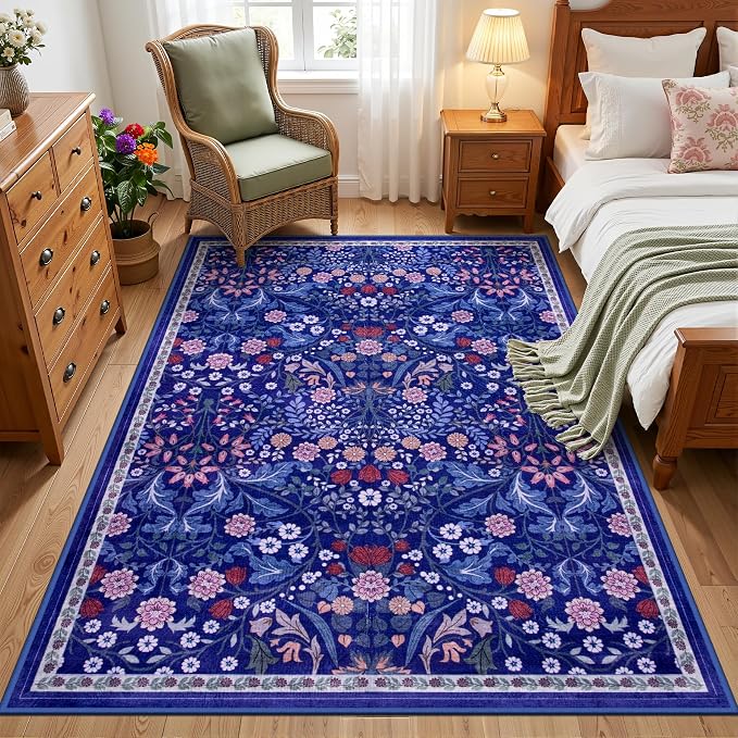 Area Rug Living Room Rugs: Floral 3x5 Washable Rug Vintage Soft Boho Non-Slip Carpet Indoor Floor Stain Resistant Large Carpets for Bedroom Dining Room Farmhouse Nursery Hallway Blue
