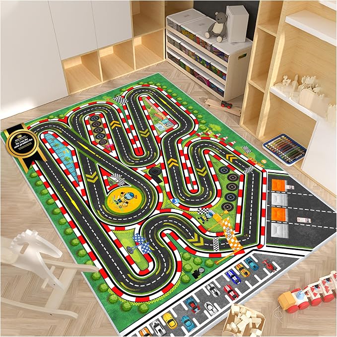 Kids Racing Rug 39''x59'' Car Road Kid Rug Carpet Playmat for Playoom Traffic Road Kid Play Mat for Bedroom，Kids Educational City Traffic Road map Fun Carpet (Green)