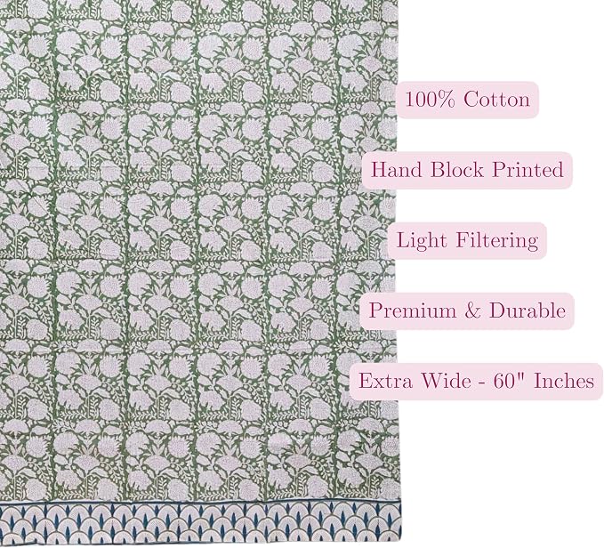 ATOSII 100% Cotton Single Panel Floral Block Print Curtain, Easy Hanging with Rod Pocket & Loop, Living Room, Dining Room, Bedroom Light Filtering Boho Curtains, Set of 1, 60" W X 108" L, Jade Green