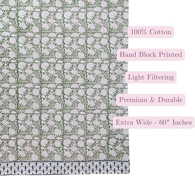 ATOSII 100% Cotton Single Panel Floral Block Print Curtain, Easy Hanging with Rod Pocket & Loop, Living Room, Dining Room, Bedroom Light Filtering Boho Curtains, Set of 1, 60" W X 84" L, Jade Green