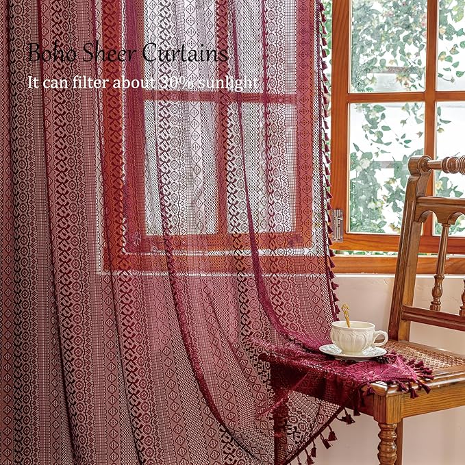 Sutuo Home Burgundy Boho Lace Curtains 72 inch Lengh for Nursery Bedroom Bathroom, Red Semi Sheer Curtains Privacy Crochet Vintage Tassels Bohemian Drapes Window Treatments Rod Pocket, 2 Panels 50" W