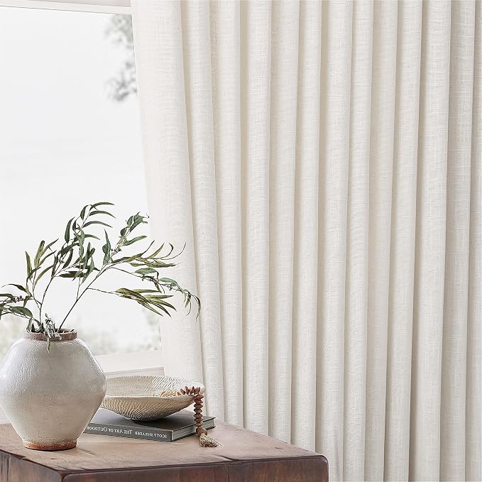 TWODRAPES Pinch Pleated Extra Wide Curtain Panels 96 Inches Long 70 Wide Linen Curtain for Patio Sliding Glass Door Semi Sheer Cream Hooks Rings Privacy 96 Inch Length for Living Room 70x96 1 Panel