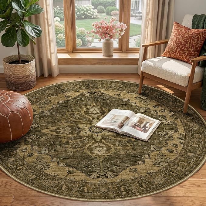 RELEANY Area Rugs Round 4ft Washable Non-Slip, Floral Vintage Distress Medallion Carpet for Living Room Bedroom Dining Room, Brown Dark Brown