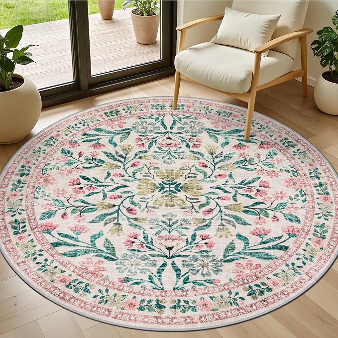 Round Area Rug for Living Room: 4 ft Floral Washable Circle Rug Soft Boho Non-Slip Carpet Indoor Stain Resistant Low Pile Small Circular Rug for Bedroom Entryway Kitchen Nursery Home Office Pink Green